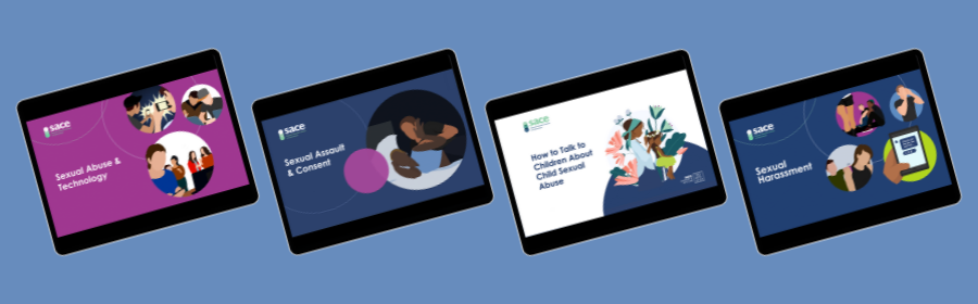 An adult online courses graphic features features four tablets, each displaying a colourful course title page with an illustration featuring diverse people in a range of scenarios useful to illustrating sexual violence education concepts
