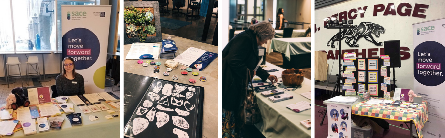 Community Engagement services are outlined with four photos of SACE displays arranged in a banner: a community booth display, a tattoo community fundraiser event, a SACE gala fundraiser, and a youth leadership group event